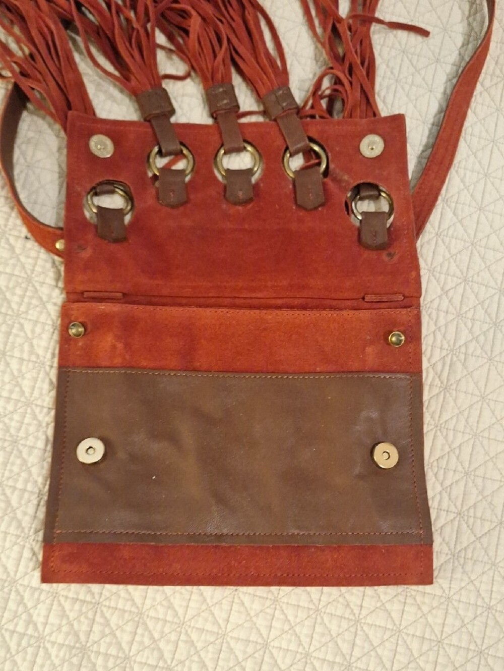 Free People Rust Red Suede Fringe Crossbody Bag w brass rings, leather accents - Picture 4 of 8